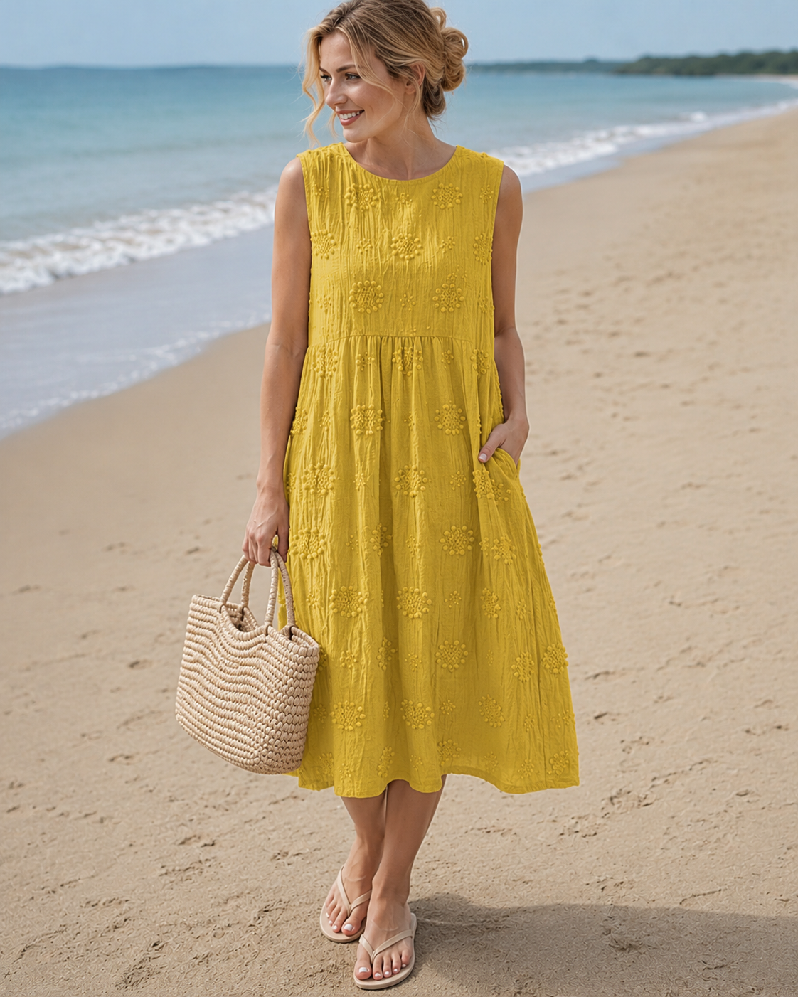 Sarah™ | Robe midi légère avec broderie, parfaite pour dissimuler le ventre.