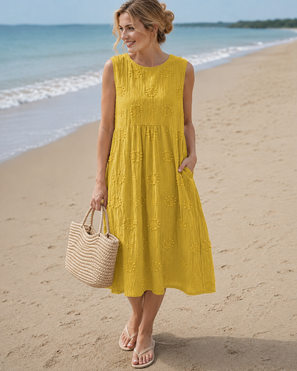 Sarah™ | Robe midi légère avec broderie, parfaite pour dissimuler le ventre.