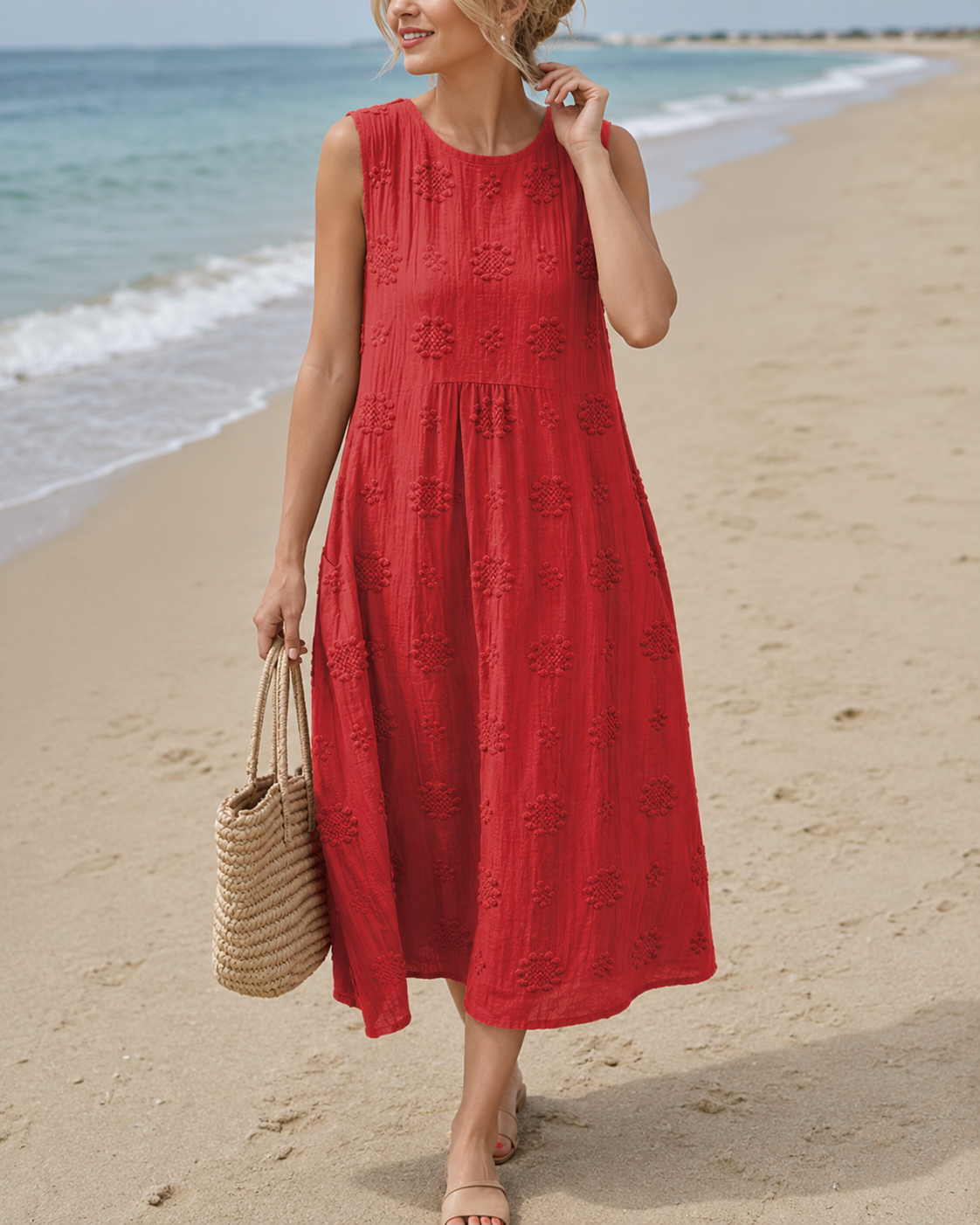 Sarah™ | Robe midi légère avec broderie, parfaite pour dissimuler le ventre.