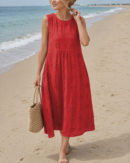 Sarah™ | Robe midi légère avec broderie, parfaite pour dissimuler le ventre.