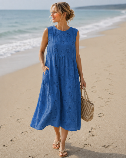 Sarah™ | Robe midi légère avec broderie, parfaite pour dissimuler le ventre.