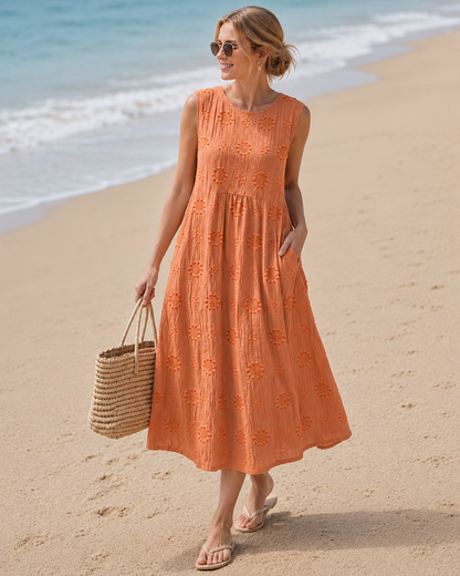 Sarah™ | Robe midi légère avec broderie, parfaite pour dissimuler le ventre.
